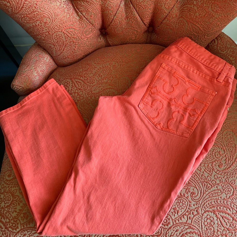 Tory Burch cropped slim jean in poppy red